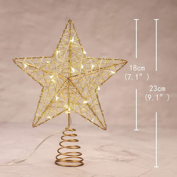 Christmas Tree Toppers, 7“ Star Treetop Warm White 20 Lights, Lighted Tree Topper Battery Powered with Timer, Retro Style Metal Xmas Treetop Star for Xmas Tree Indoor Decor