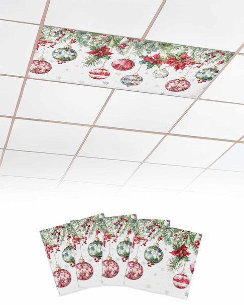Christmas Balls Fluorescent Light Covers for Ceiling Lights Poinsettia Magnetic Light Filters 4 Pack 4x2 ft Holly Berry Ceiling Light Cover for Classroom Office School Home Xmas Holiday Lamp Decor