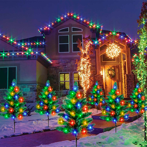 Homeleo 6-Pack Solar Small Christmas Trees for Outdoor Decorations, 120 LED Artificial Prelit Christmas Tree, Solar Powered Mini Xmas Tree with Lights for Outside Pathway Porch Yard Christmas Decor