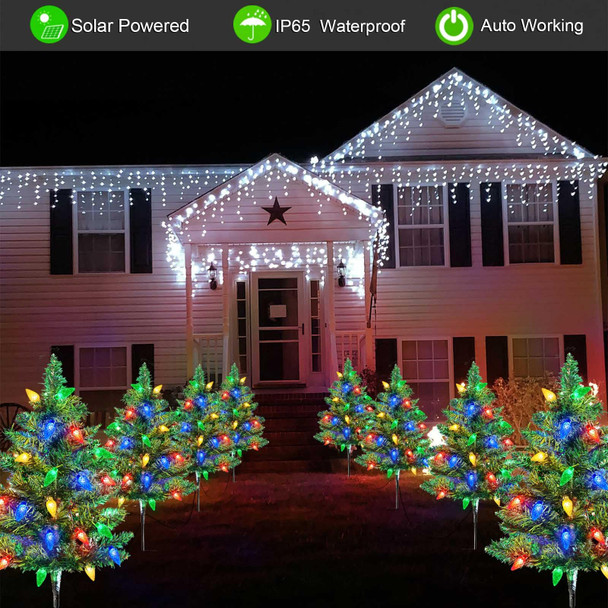 Homeleo 4 Set Solar Christmas Tree w/ 80pcs Multicolor C6 LED Christmas Lights for Outdoor Christmas Decorations,Solar Powered Prelit Small Christmas Tree for Holiday Outside Pathway Garden Yard Decor