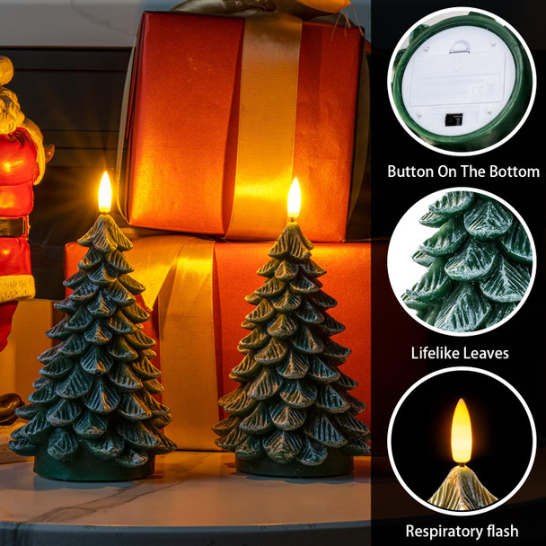 Homemory Christmas Tree Candles with 6 Hours Timer, 2 Pcs Waxy LED Flameless Candles Flickering, Green Electric Candles Battery Operated for Year Celebration Holiday Decorations 8.5 Inches