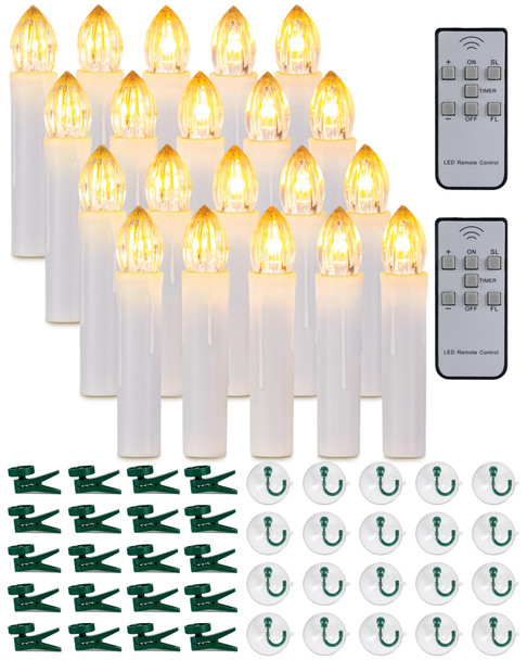 Homemory 20 PCS LED Window Candles with Remote Timer, Battery Operated Flameless Taper Christmas Candles Light with Clips/Suction Cups, Flickering Warm White Light, Dia 0.7''x 4''