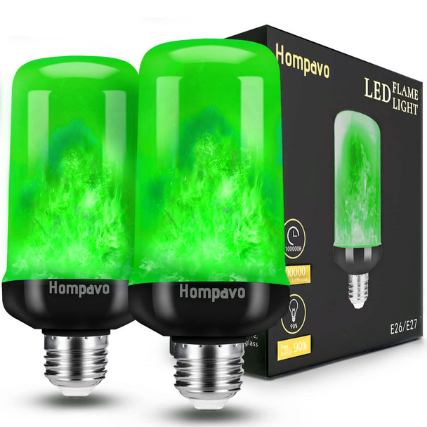 Hompavo 【d】 LED Flame Light Bulbs, Green Flickering Light Bulbs with Upside Down Effect, E26 Flame Bulb for Home Halloween St. Patrick's Day Christmas Decorations Indoor & Outdoor, 2 Pack