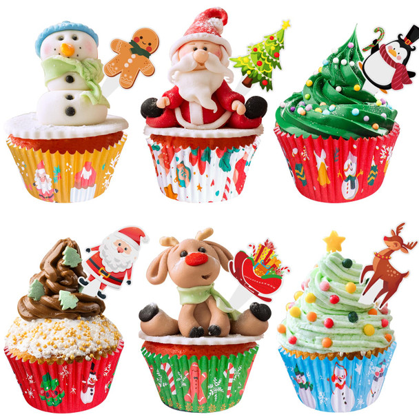 Christmas Cake Liners with Toppers Picks, Standard Wrappers Cake Disposable Baking Cups Muffin Liners for Xmas Holiday Party Favors, Party Decorations for Christmas Baking Supplies