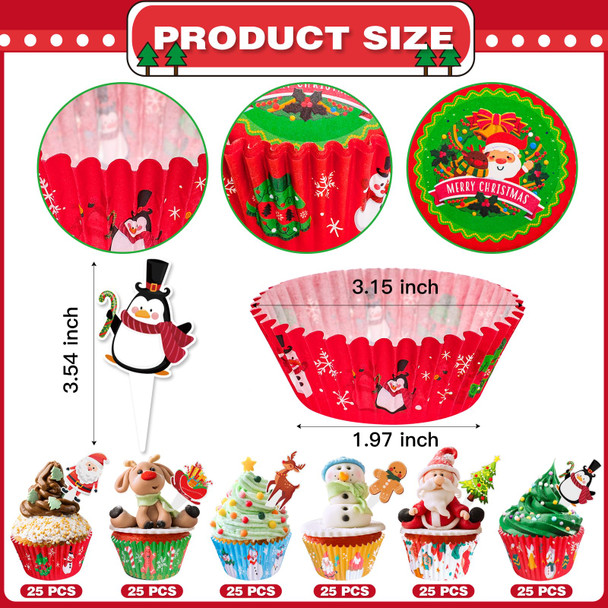 Christmas Cake Liners with Toppers Picks, Standard Wrappers Cake Disposable Baking Cups Muffin Liners for Xmas Holiday Party Favors, Party Decorations for Christmas Baking Supplies