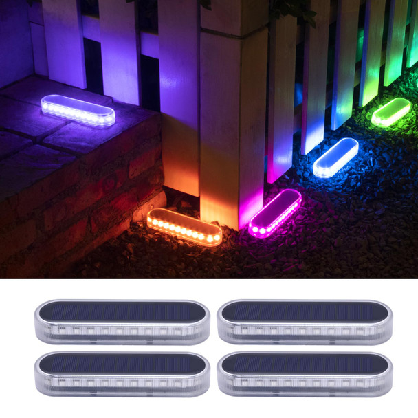Solar Step Lights Outdoor Waterproof LED, RGB Color Changing Stick on Solar Lights Auto ON Off, Deck Step Lights Solar Powered Decor for Stairs,Pool,Yard,Patio(4 Pack)