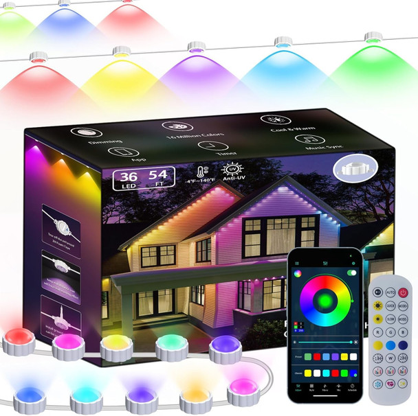 Honche Permanent Outdoor Lights Christmas Lights Outdoor Permanent Christmas Lights Multicolor Warm White Color Changing 213 Modes Waterproof Music Sync Timer Dimmable (54ft with 36 Lights)