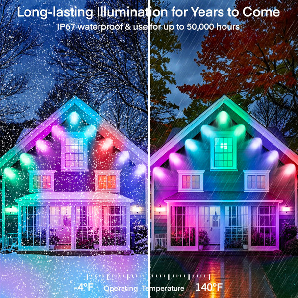Honche Permanent Outdoor Lights Christmas Lights Outdoor Permanent Christmas Lights Multicolor Warm White Color Changing 213 Modes Waterproof Music Sync Timer Dimmable (54ft with 36 Lights)