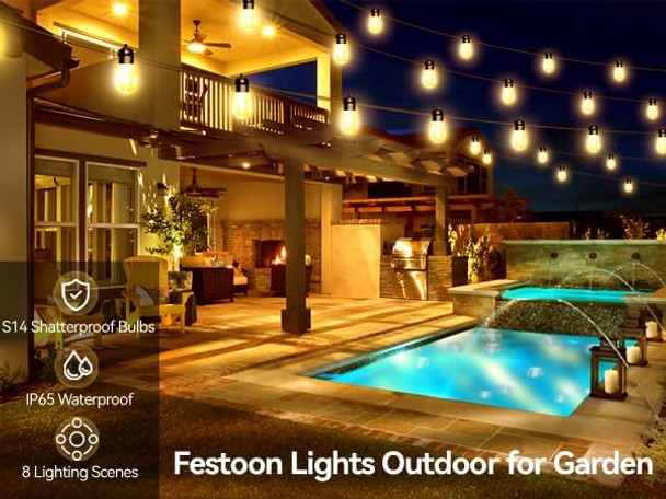 Honche Outdoor String Lights Patio Lights String Lights for Outside Christmas Lights Outdoor Waterproof Weatherproof Warm White 20 S14 Bulb 8 Modes 49.2FT