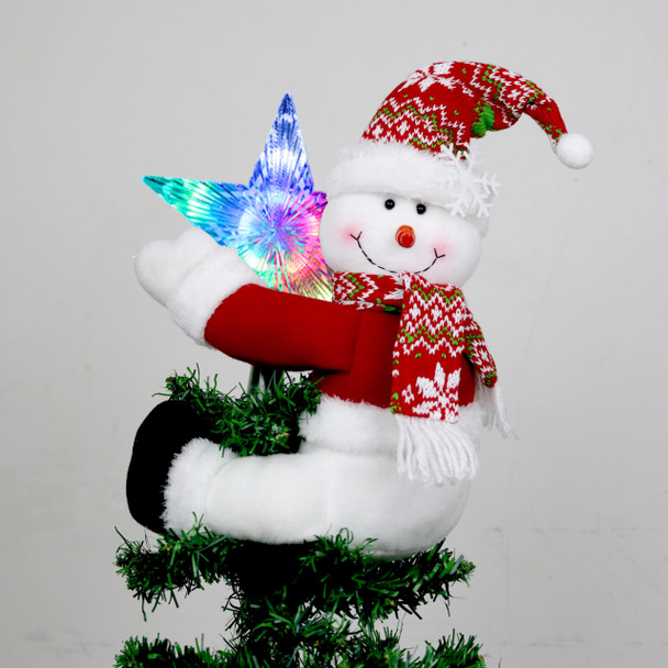 Snowman and Star Tree Topper with Lights Christmas Decorations,Unique Funny Xmas Plush Stuffed Snowflake Hat Snowman Hugger Decor and Battery Operated Colorful Star Tree Ornaments Red White