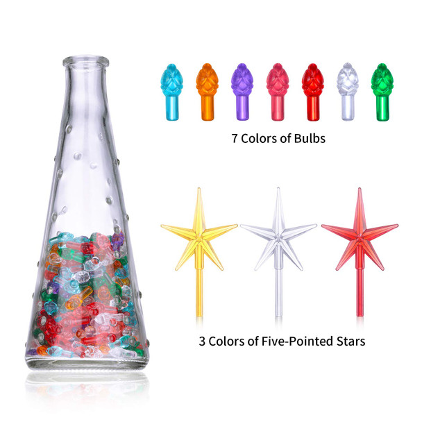 Honoson 300 Pieces Christmas Replacement Light Bulbs for Ceramic Christmas Tree Medium Twist Plastic Light Bulbs Multi-color Flame Shape Bulbs with 3 Pieces Tree Topper Stars for Christmas Decorations