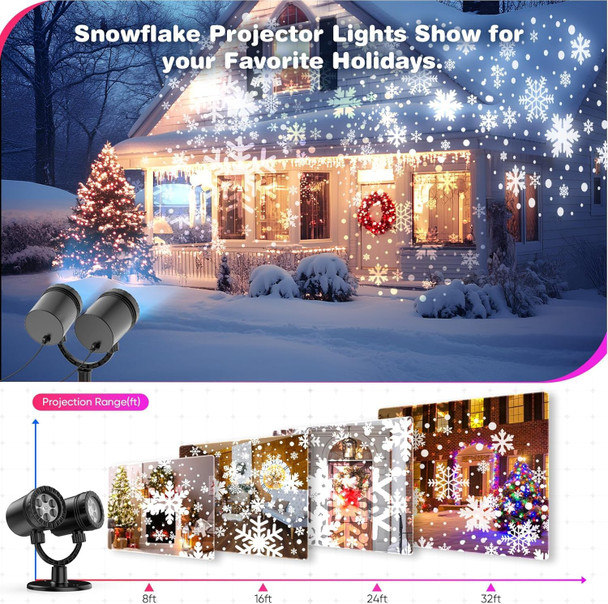 Snowflake Projector Lights Outdoor, 2.0 HD Dynamic Christmas Projector Lights Outdoor, IP65 Waterproof Snow Projection Light for Xmas, Holiday, Wedding, Party, Home, Garden Landscape