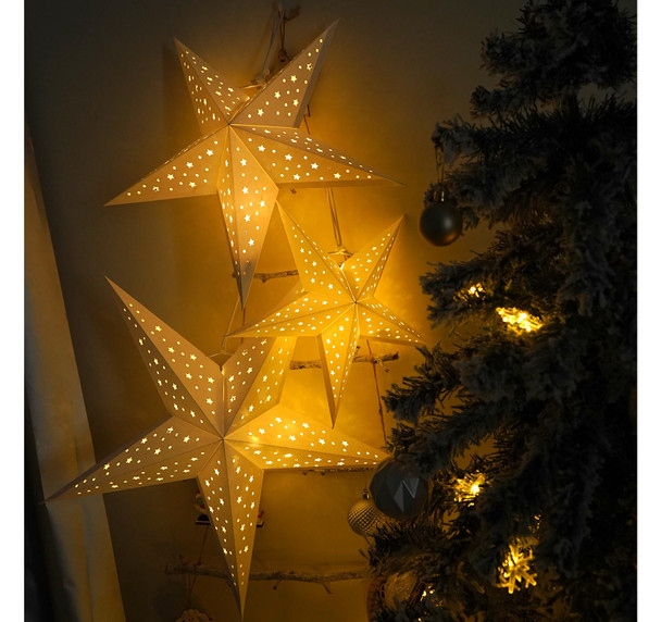 HOUÍSM Paper Star Lantern with 3PCS Fairy String Lights(30LED/1.5M), 3PCS White Star Moon Cut-Out Paper Star Lantern with 3 Sizes- 30/40/50cm for Indoor Outdoor Room Wedding Christmas Party Decor