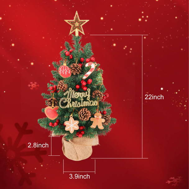 HOXHA Mini Christmas Tree, 22 Inch Small Tabletop Set, Star Tree Topper, Pine Cones Berries and Christmas Ornaments for Christmas Holiday Home Office Table Decorations, Green