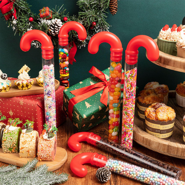 12Pcs Christmas Candy Cane Tubes, Clear Candy Containers with Red Topper, Plastic Tubes for Sweets for Christmas Party Supplies