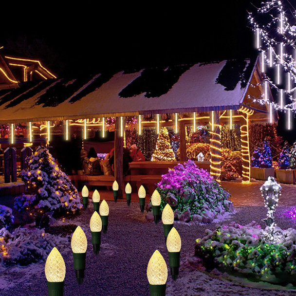 est Solar Christmas Pathway Lights Outdoor, 20 LED C9 Christmas Lights with 20 Stakes, 23FT Solar Christmas Decorations Strawberry String Lights for Roof Yard Patio Walkway Driveway, Warm White