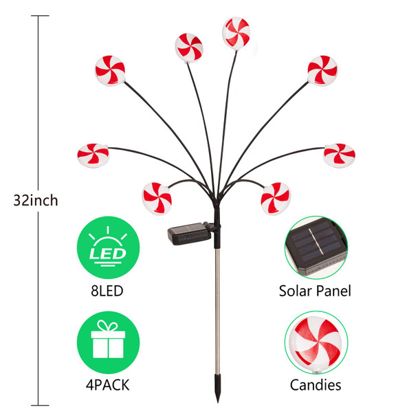 Christmas Decorations Outdoor Candy Lights, 4 Packs 32LEDs Solar Pathway Lights Swaying by Wind, 2 Modes Waterproof Solar Stake Lights for Christmas Garden Yard Porch Patio Pathway