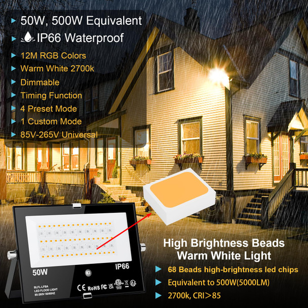 LED Flood Light Outdoor 500W Equivalent Color Changing Landscape Lighting, 24H Timing+120 Colors Strobe+2700K Warm White+DIY Flash IP66 Waterproof Up Stage House RGB Led Light Indoor US 3-Plug 6Pack