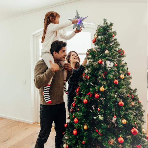 Christmas Tree Topper Lighted with LED Rotating Colorful Projector,Silver Hollowed Christmas Star Tree Topper,Plug in Christmas Tree Ornament for Indoor Outdoor Christmas Tree Decorations