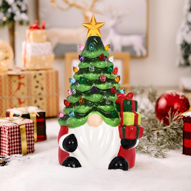 Ceramic Christmas Trees That Light Up Christmas Gnomes, 8" Gnome Christmas Tree with 46 Lights, Small Tabletop Christmas Tree Gnome Christmas Decorations for Home Room Fireplace (Green)