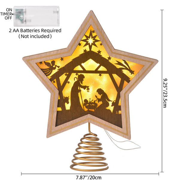 Christmas Tree Topper, Nativity Christmas Treetop Ornaments, Battery Powered LED Light Up Christmas Tree Decorations for Indoor Office Xmas Year Holiday Tree Decoration 7.87" x 9.25" (Brown)