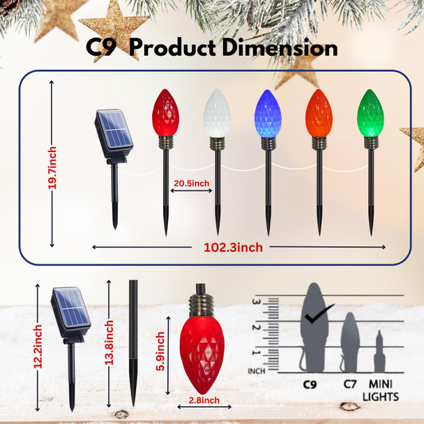 IDEAALS 10 Pack Jumbo Multicolor Solar C9 Christmas Lights Outdoor，LED Solar Pathway Lights Waterproof, Strawberry Lights Christmas Decorations Outdoor for Walkway Party Patio Garden Lawn Yard Decor