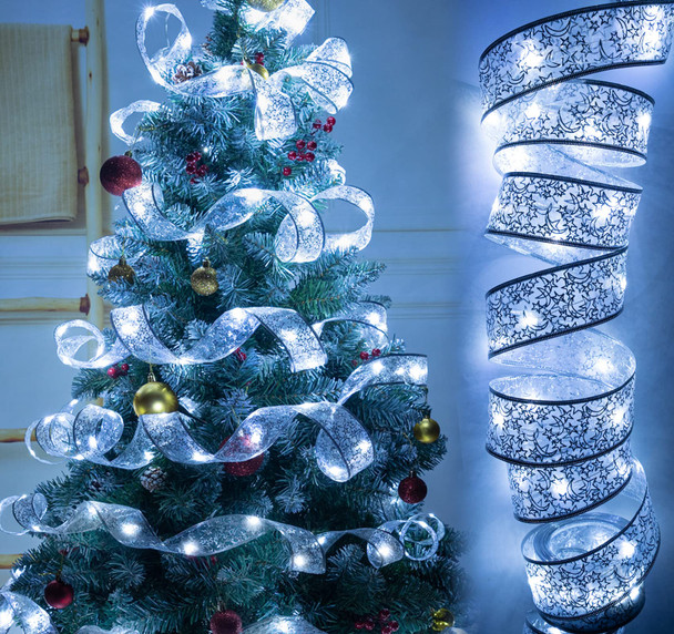 ilauke 65.5Ft Christmas Fairy Lights, Silver Christmas Ribbon Lights Ribbon Bows Fairy String Lights for Christmas Tree Decorations, Xmas Topper Outdoor Indoor Decor