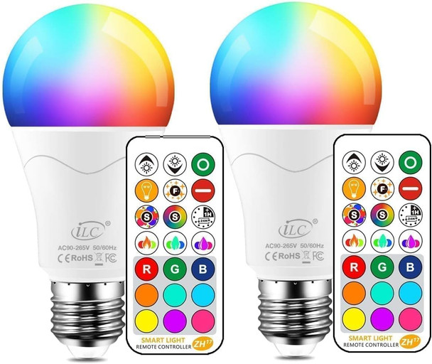 ILC LED Light Bulb 85W Equivalent, Color Changing Light Bulbs 2700K Warm White, Remote Control RGB 6 Modes, Timing, Sync, Dimmable E26 Screw Base (2 Pack) ILC LED Light Bulb 85W Equivalent, Color Changing Light Bulbs 2700K Warm White, Remote Control RGB 6 Modes, Timing, Sync, Dimmable E26 Screw Base (2 Pack)