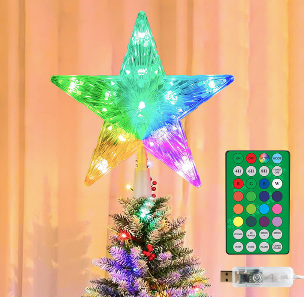 Christmas Star Tree Topper 7.5" 11 LED RGB Color Changing USB Powered Plug in 5-Point Star 3D Xmas Solid/Flash Treetop w/Remote Control & Timer for Christmas Year Holiday Tree Decoration