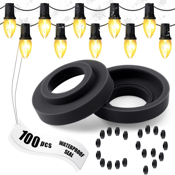 100 Pcs C9 Seal Ring Christmas Socket O-Ring Quick Connector Seals Protect C9 String Wire Strings with E17 Bases (Black)