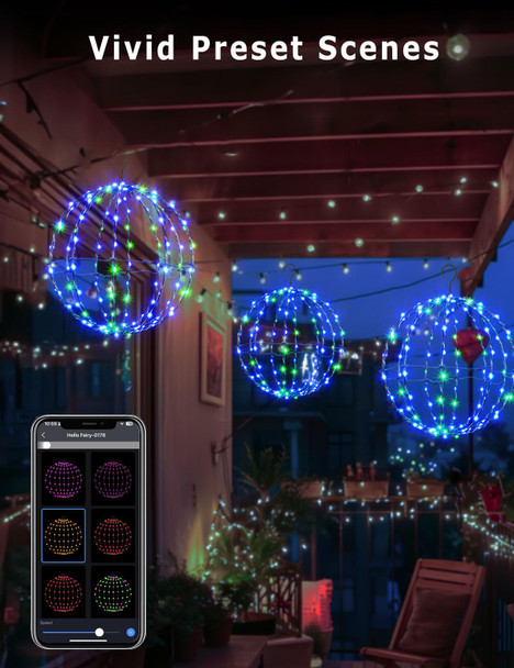 3 Pack 12" Smart Sphere Hanging Christmas Ball Lights Outdoor, Preset Lightshow Foldable Color Changing Christmas Lights, Bluetooth APP RGB Fairy Lights for Christmas Decorations