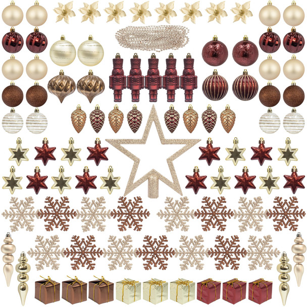 ITART 101pcs Christmas Tree Ornaments Assortment Burgundy Brown Champagne Gold Including Star Tree Topper Balls Nutcracker Figurines Snowflakes Poinsettia Flowers Bead Garland for Christmas Tree Decor