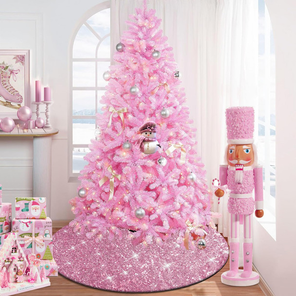 Pink Christmas Tree Skirt, Sequin Sparkly Tree Skirt 36 Inch, Glitter Candy Xmas Tree Mats for Pencil Tree, Pink Fall Christmas Decorations Ornaments