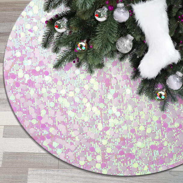 White Christmas Tree Skirt, Iridescent Large Sequin Tree Skirt 36 Inches, Xmas Tree Mats for Tree Decorations, Pink Christmas Decorations Ornaments