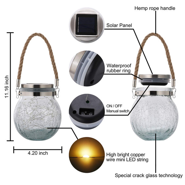 Solar Hanging Lanterns Outdoor Waterproof, Table Lamps Decorative Cracked Glass Jar 30 LED Lights for Garden Tree Court Yard Patio Pathway Christmas Day Holiday Party Decoration (2, Warm Light)