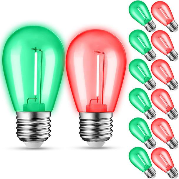 12-Pack Red Green String Light Bulbs, Patio String Light Replacement bulbs for Outdoor Indoor, 1W E26 Base S14 LED Red Green Light Bulbs for Christmas Halloween,Holiday,Home Decor (6 Red + 6 Green)