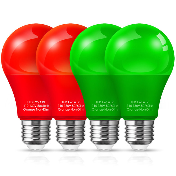 JandCase Halloween Red Green LED Light Bulbs Outdoor, [4 Pack] Red & Green Halloween Light Bulb 9W(60W Equivalent), E26 Base A19 LED Color Light Bulb, Halloween Decoration, Non-Dim