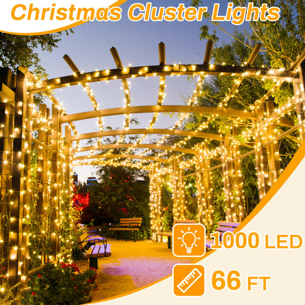 Christmas Lights 1000LED 66FT Waterproof Outdoor Christmas Lights Timer 8 Modes Twinkle Fairy Lights LED String Lights Indoor Christmas Tree Lights for Wedding Party Yard House Decor (Warm White)