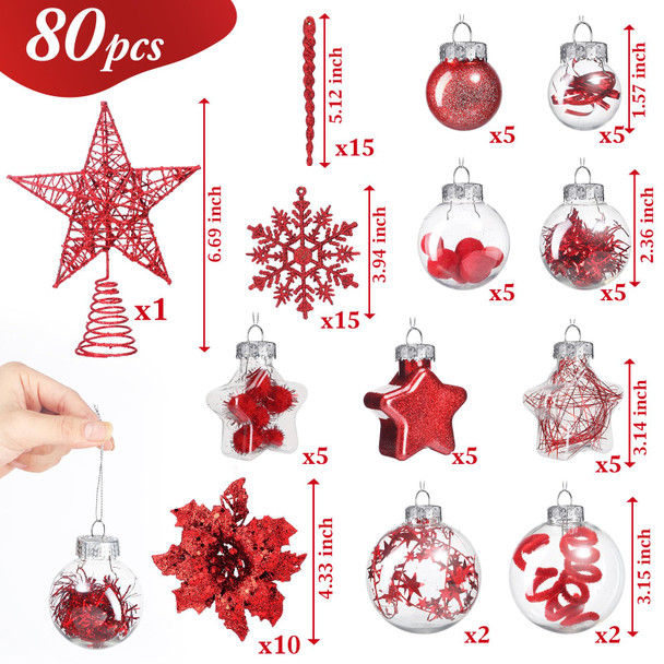 Jenaai 80 Pcs Clear Christmas Ball Ornaments Set Transparent Shatterproof Decorative Ball Christmas Hanging Baubles with Stuffed Delicate Decoration for Xmas Tree Decor Holiday Party (Red)