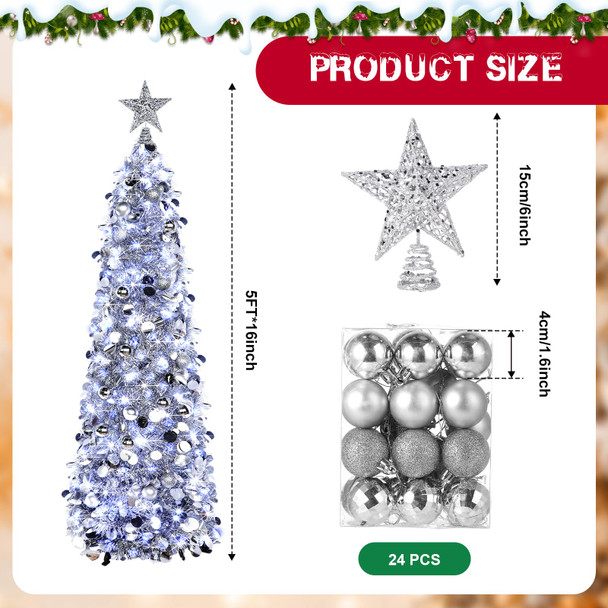 Jenaai 3 Pcs Pop up Christmas Tree 5ft Tinsel Pencil Christmas Tree with LED String Light Silver Balls Tree Star Topper Artificial Collapsible Christmas Tree Ornaments for Xmas Holiday Party Decor
