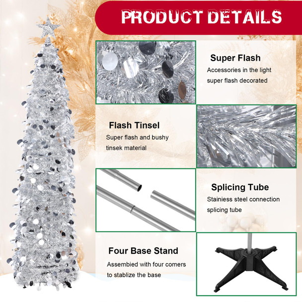 Jenaai 3 Pcs Pop up Christmas Tree 5ft Tinsel Pencil Christmas Tree with LED String Light Silver Balls Tree Star Topper Artificial Collapsible Christmas Tree Ornaments for Xmas Holiday Party Decor