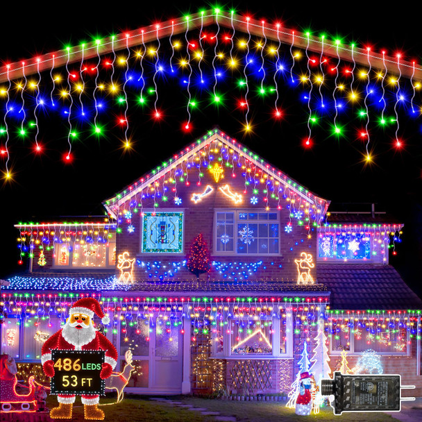 Christmas Lights Outdoor, 53 FT 486 LED Christmas Lights for Outside, Timer & Memory, Plug in 8 Modes Hanging Fairy Lights with 108 Drops for House Eaves Yard Patio Holidays Decorations, Multicolor