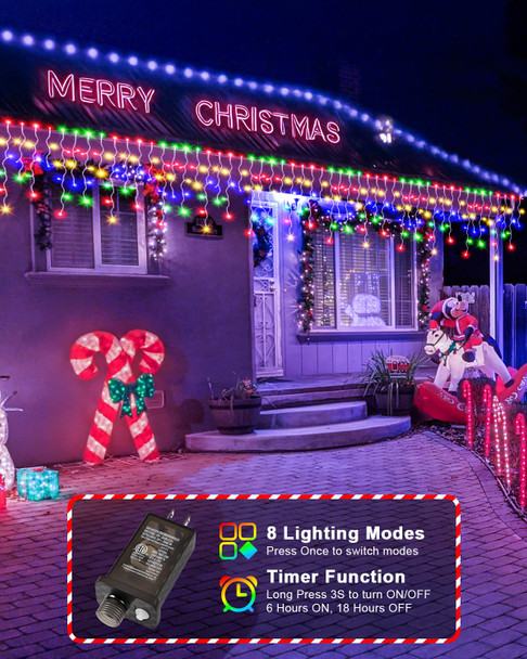 Christmas Lights Outdoor, 53 FT 486 LED Christmas Lights for Outside, Timer & Memory, Plug in 8 Modes Hanging Fairy Lights with 108 Drops for House Eaves Yard Patio Holidays Decorations, Multicolor