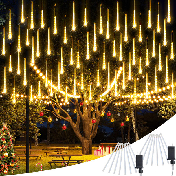 JMEXSUSS 2 Pack Warm White Christmas Lights Outdoor, Each 8 Tube 192 LED Meteor Shower Rain Lights, Waterproof Plug in Icicle Lights for Outside Tree Wedding Holiday Party Patio Decoration