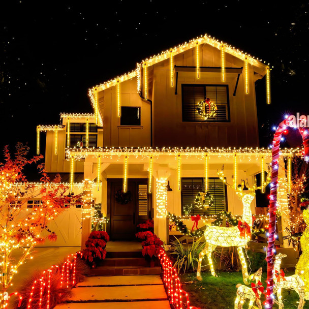 JMEXSUSS 2 Pack Warm White Christmas Lights Outdoor, Each 8 Tube 192 LED Meteor Shower Rain Lights, Waterproof Plug in Icicle Lights for Outside Tree Wedding Holiday Party Patio Decoration