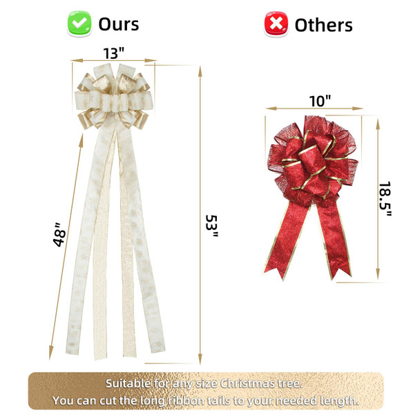 Champagne/White Christmas Tree Topper Bow, 53"x 13" Large Handmade Decorative Bows with Long Streamer Glitter Snowflake Wired Ribbon for Christmas Tree Home Decoration
