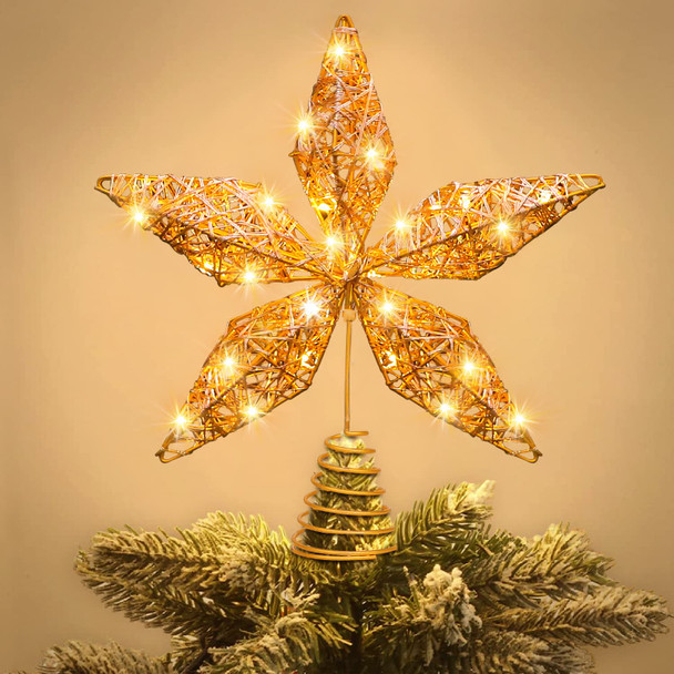 JOICEE Christmas Star Tree Topper, Christmas Gold Star Tree Topper with LED Copper String Lights for Christmas Decoration, Gold Hollow Glitter Star Tree Toppers for Xmas Year Holiday Decor.