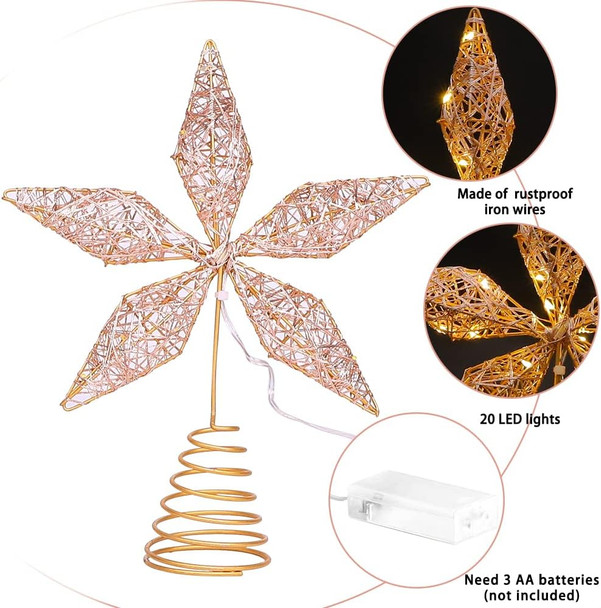 JOICEE Christmas Star Tree Topper, Christmas Gold Star Tree Topper with LED Copper String Lights for Christmas Decoration, Gold Hollow Glitter Star Tree Toppers for Xmas Year Holiday Decor.