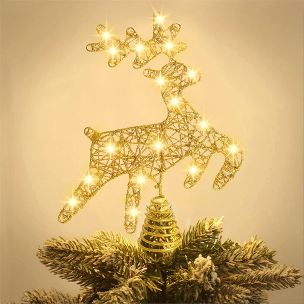 JOICEE Christmas Reindeer Tree Topper,Christmas Gold Hollow Glitter Tree Topper with LED Lights for Christmas Tree Decoration, Big Xmas Tree Top for Year Holiday Decorations.