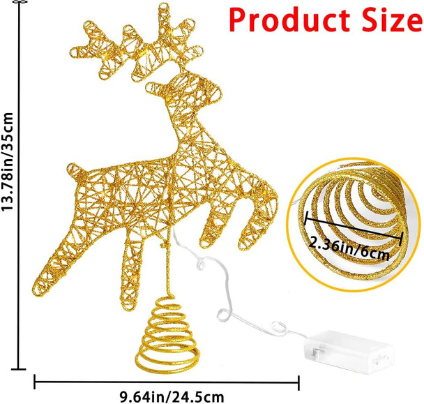 JOICEE Christmas Reindeer Tree Topper,Christmas Gold Hollow Glitter Tree Topper with LED Lights for Christmas Tree Decoration, Big Xmas Tree Top for Year Holiday Decorations.